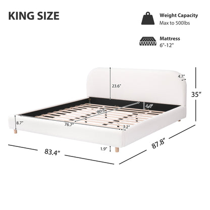 King Size Platform Bed with Boucle Fabric, Boucle Fabric Upholstered Platform Bed with Curve-Shaped Design Headboard, White, Easy Assembly