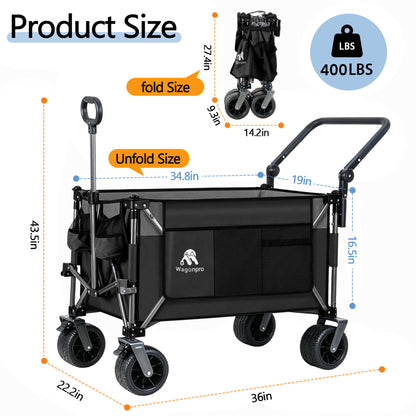 Multi-Functional Push-Pull Folding Wagon Cart with Rotating Handle & 360° All-Terrain Wheels – Heavy-Duty, Adjustable Design, Large Capacity for Transport, Groceries, and Outdoor Use,Black