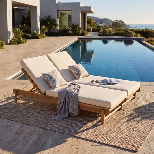 Light Teak Acacia Wood Double Chaise Lounger Set: 1 Frame + 2 Cream Cushions, 800 lbs Capacity, 3-Position Adjustable Backrest, 4" Thick 2-Fold Water-Resistant Cushions for Patio Poolside Backyard
