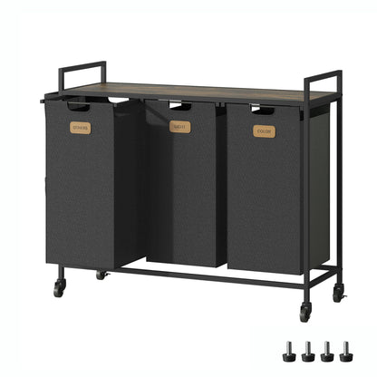 3 Section Laundry Hamper, Laundry Sorter with Wheels, Laundry Basket Organizer with Shelf & 3 Pull-Out Removable Bags, Dirty Clothes Hamper Organizer for Laundry Room Bathroom Dorm ,39.6 gallons(150L)