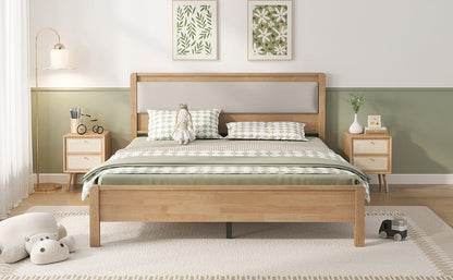 Queen Size, Solid Rubber Wooden Bed with Upholstered Headboard, Reinforced by Central Support Legs,Natural