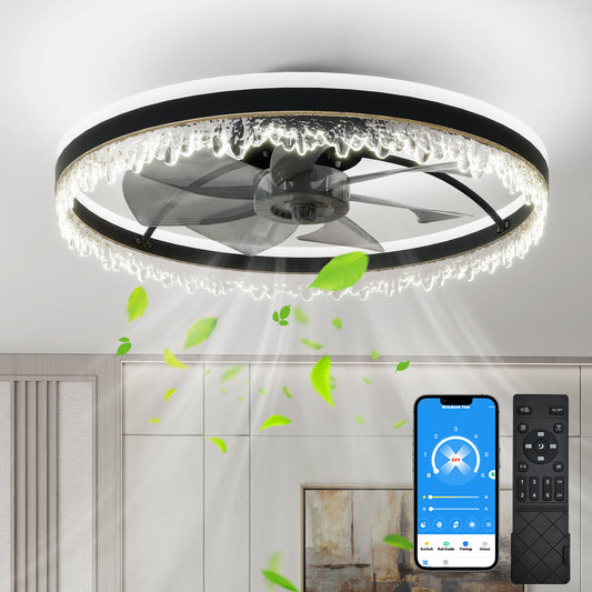 Modern LED Ceiling Fan with Light - 24'' Dimmable Ceiling Light with Invisible Blades and Crystal Design