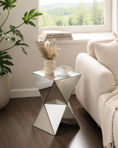 Silver Mirrored Geometric Side Table, Modern Luxe Accent End Table, Reflective Mirror Decorative Nightstand for Living Room, Bedroom, Sofa Side