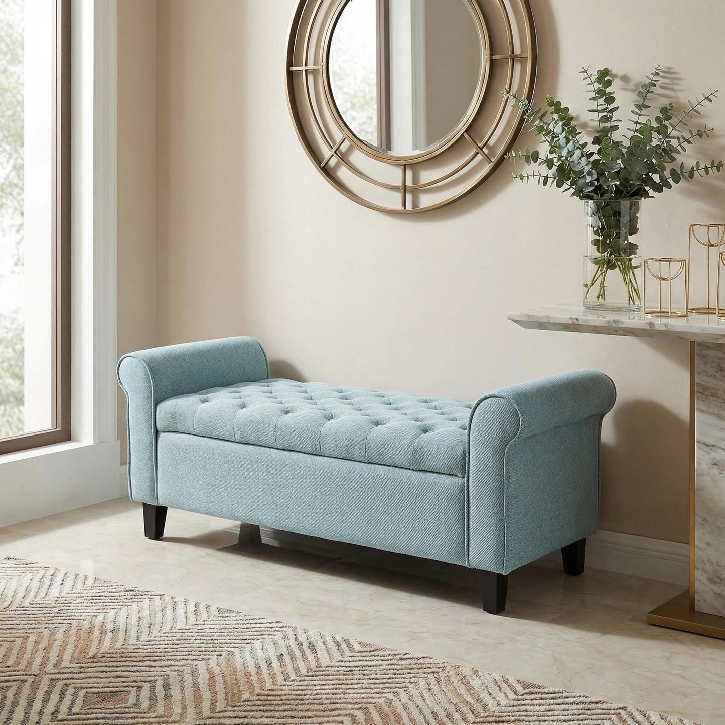 Light Blue Fabric Storage Bench with Rolled Arms, 38' Seat Width,  Black Legs, Button Fabric Design, Living Room Bedroom Entryway Furniture