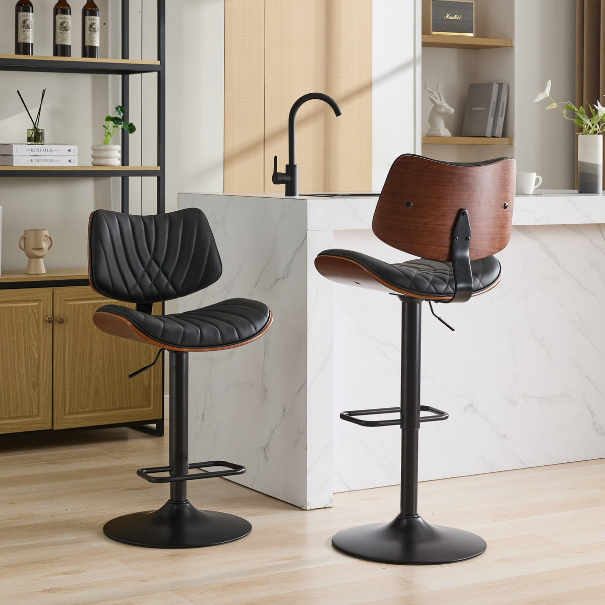 Walnut Bentwood Bar Stools Mid Century Modern Adjustable Counter Height Black Leather Upholstered 360°Swivel Bar Chairs for Kitchen – Model W1143P173514