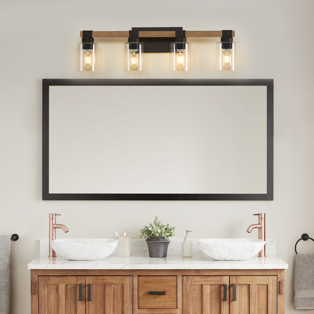 4-Light Farmhouse Vanity Light, Antique Wood Bathroom Wall Light with Clear Glass Shades, Mirror Lighting for Bedroom & Hallway, No Bulbs Included