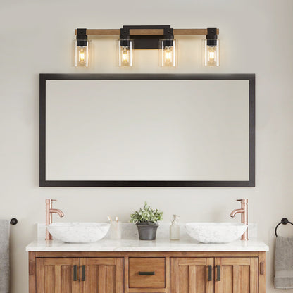 4-Light Farmhouse Vanity Light, Antique Wood Bathroom Wall Light with Clear Glass Shades, Mirror Lighting for Bedroom & Hallway, No Bulbs Included