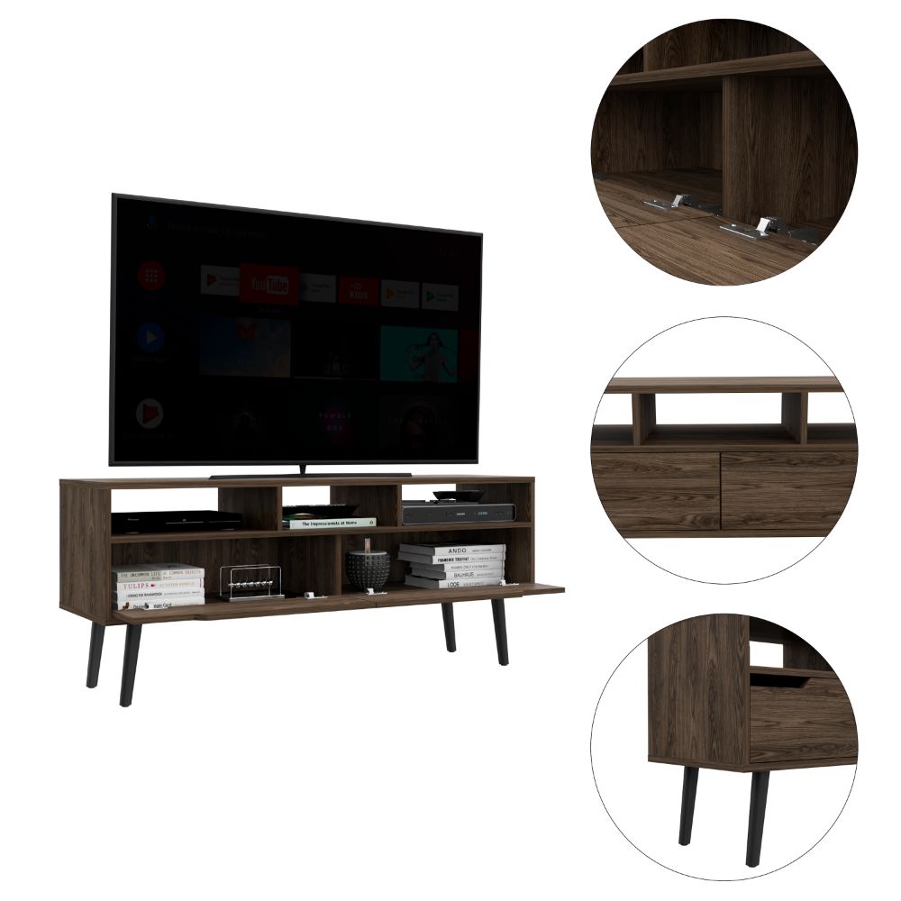 Tv Stand for TV´s up 52", Three Open Shelves, Two Flexible Drawers, Dark Walnut
