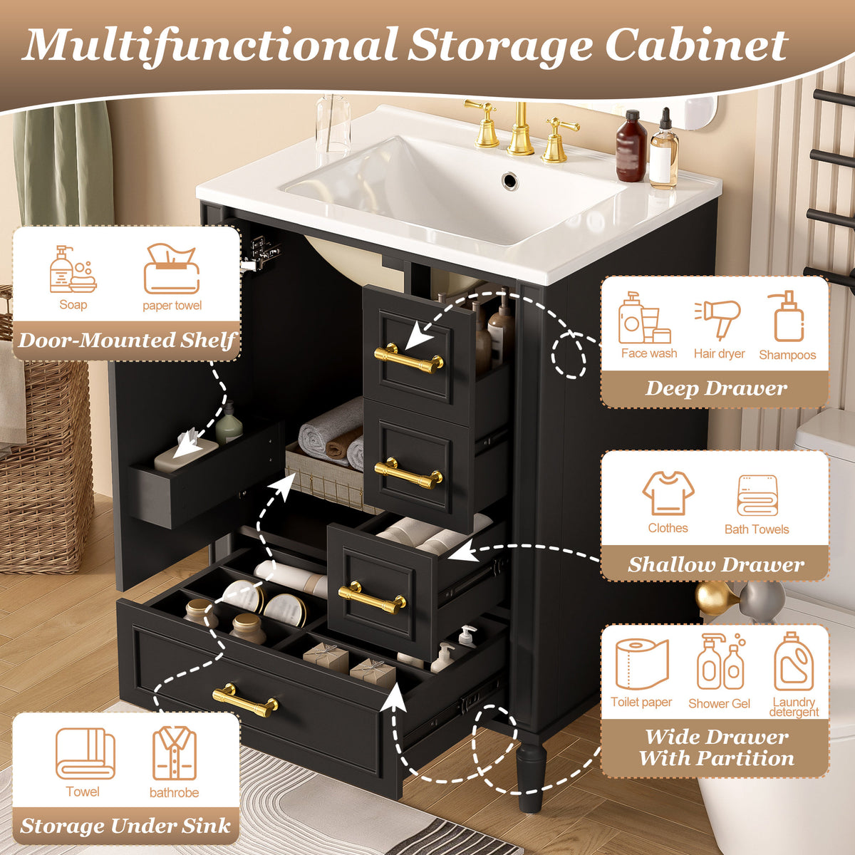 24' Modern Bathroom Vanity with Ceramic Sink, Soft-Close Door, 3 Drawers, Gold Handles, and Door-Mounted Rack for Space-Saving Storage(Old SKU:N729P373272B)