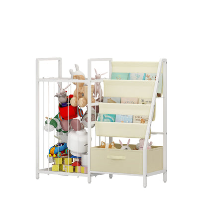 Kids Bookshelf and Toy Storage Organizer, Dual-Sided Children Bookshelf with Figure Display Storage and Book Sling Pockets, Toy Organizer for Playroom, Bedroom and Nursery