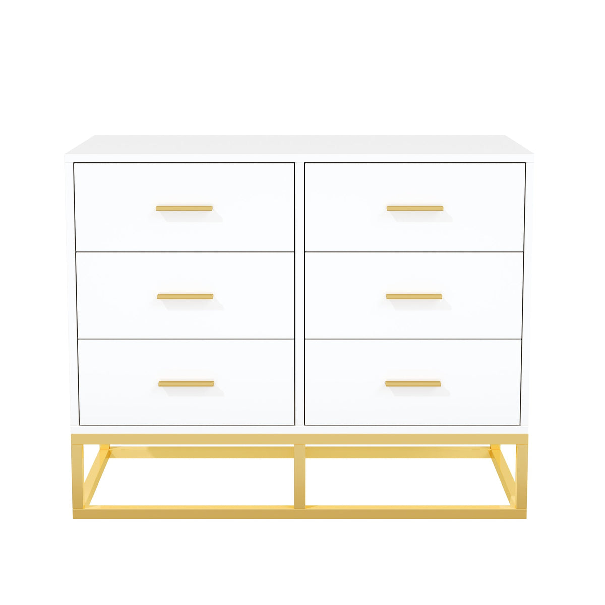 Modern 6 Drawer Dresser with Gold Metal Legs, Large Storage Chest of Drawers for Bedroom, Contemporary Wood Cabinet with Gold Handles, High-gloss White Finish