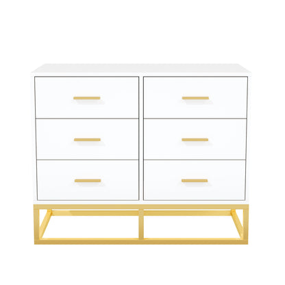 Modern 6 Drawer Dresser with Gold Metal Legs, Large Storage Chest of Drawers for Bedroom, Contemporary Wood Cabinet with Gold Handles, High-gloss White Finish