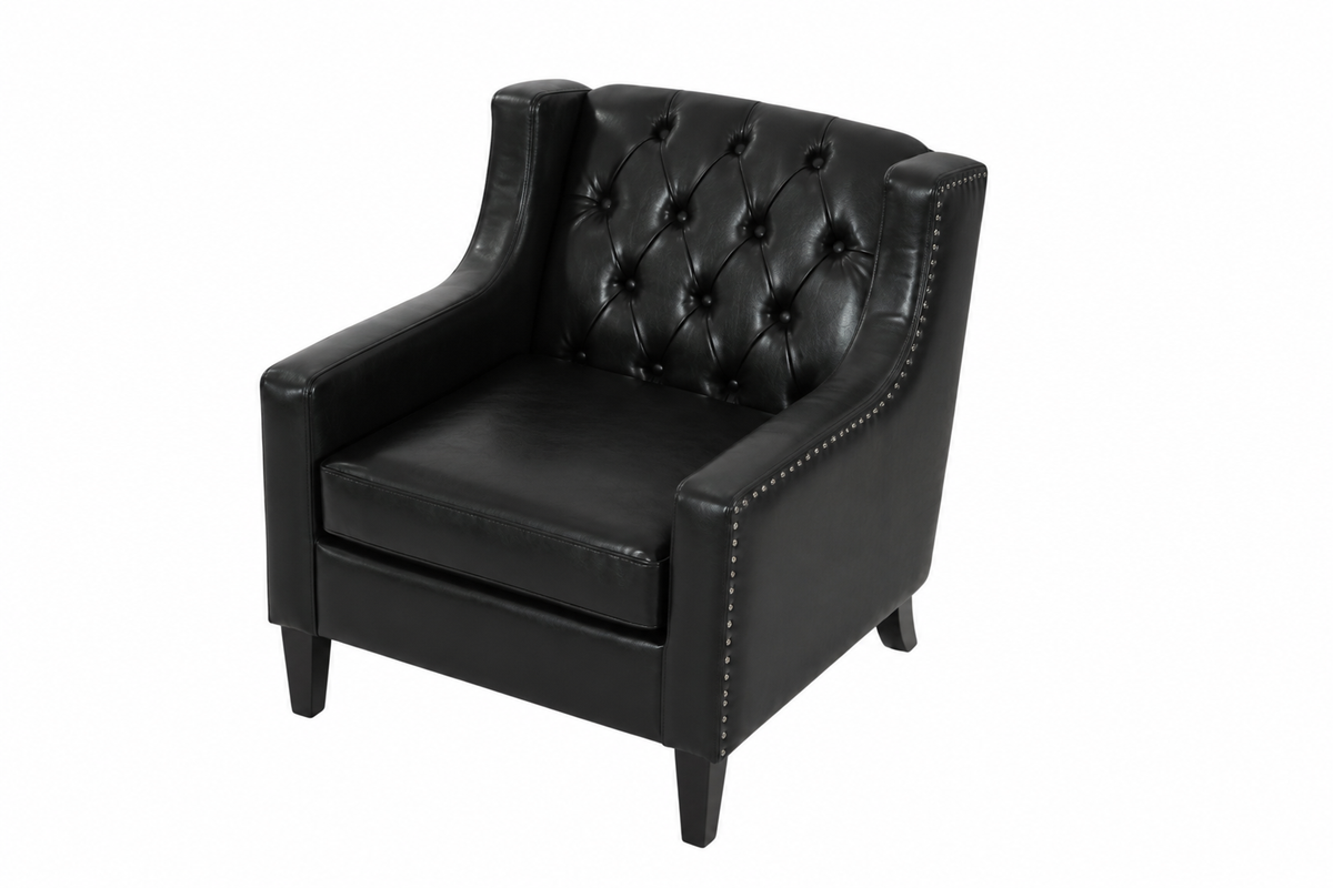Black Faux PU Leather Accent Chair, Mid-Century Tufted Armchair with Nailhead Trim, Equipped with High Resilience Sponge Cushion & Solid Wood Legs, Comfortable Single Sofa for Living Room, Bedroom