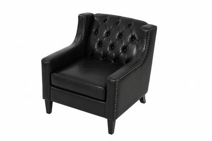 Black Faux PU Leather Accent Chair, Mid-Century Tufted Armchair with Nailhead Trim, Equipped with High Resilience Sponge Cushion & Solid Wood Legs, Comfortable Single Sofa for Living Room, Bedroom
