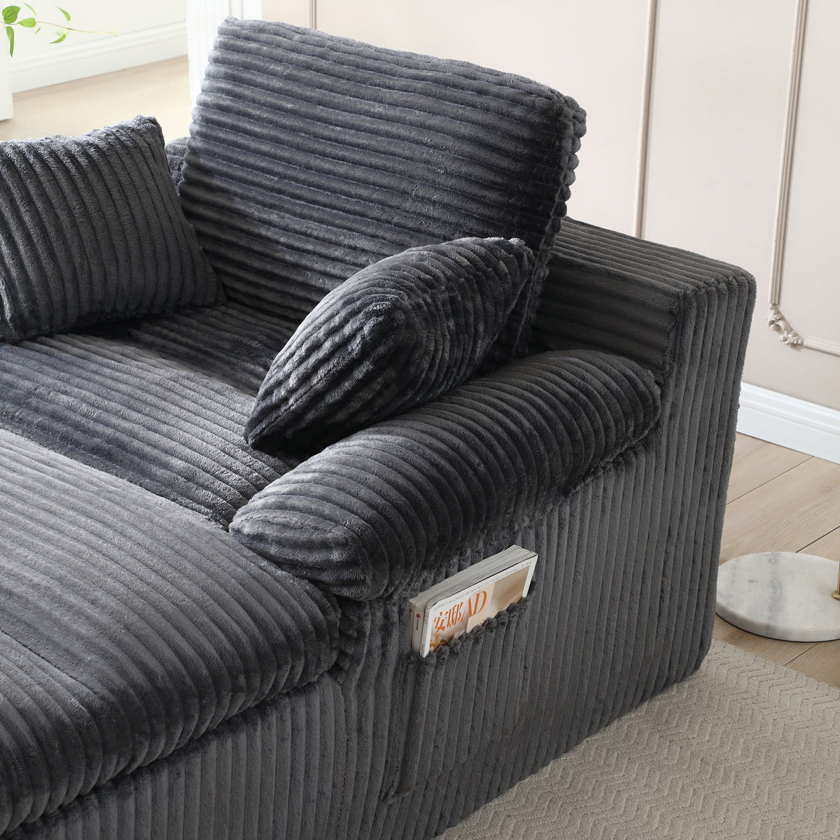 Chaise Lounge Chair Indoor, Oversized Boneless Couch,No Assembly, Wide Armrests, Dual-Layer Cushion, Cloud Reading Chair for Living Room Bedroom Apartment, Corduroy Grey
