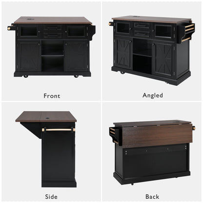 K&K 54.9" Kitchen Island with Drop Leaf, Power Outlet, Kitchen Storage Cart with 4 Door Shelves, Cross Barn Doors & Visual Glass Door – Black