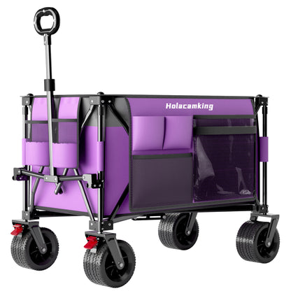 Multi-Functional Pull Folding Wagon Cart with Flexible Handle & Canopy, Heavy Duty Utility Cart with 7"x4" All-Terrain Wheels for Camping, Transport, Groceries, Sports, 520LBS/240L, Purple