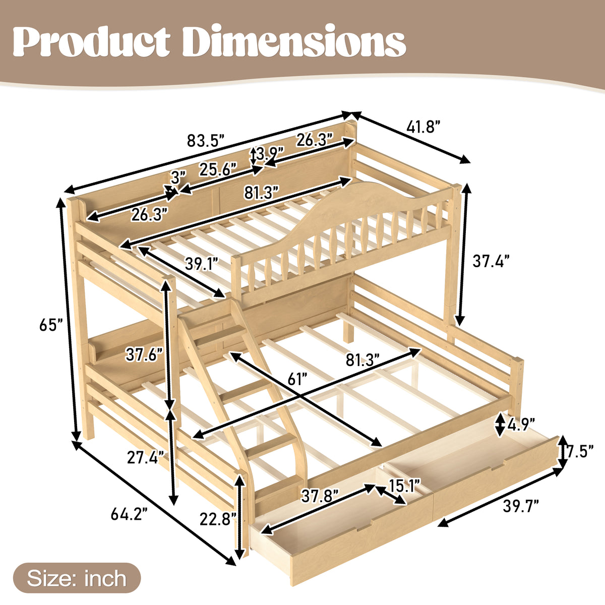 Twin XL Over Queen Bunk Bed with Storage Drawers, Chic Curved Guardrail & Side Storage Shelves, solid wood Bunk Bed Frame with Ladder, No Box Spring Needed. Natural