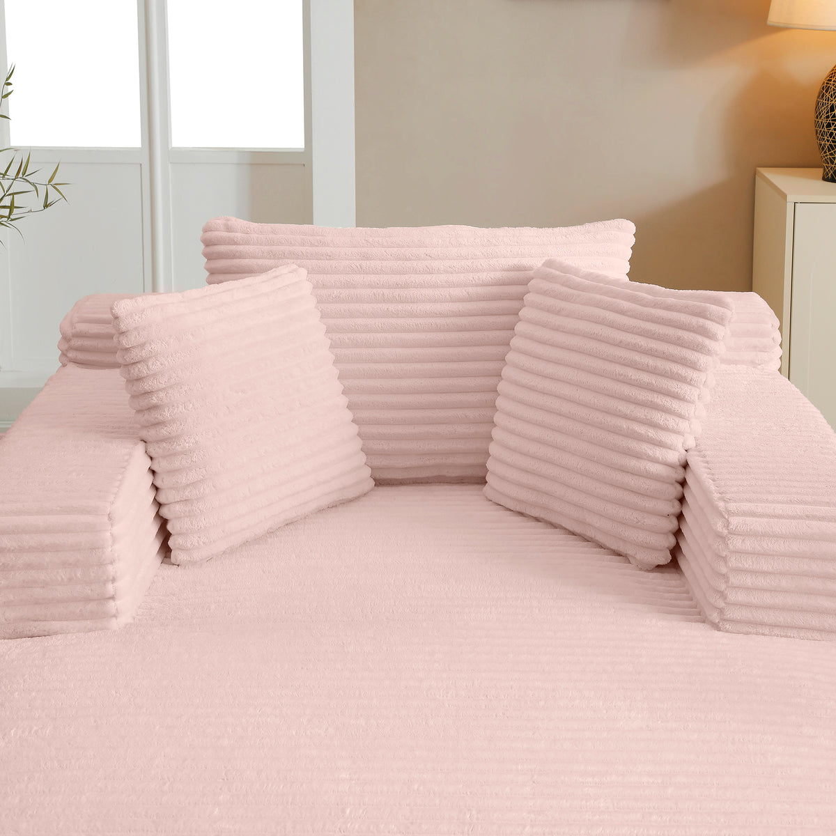 49" Chaise Lounge Indoor, Oversized Chaise Lounge Chair with 3 Comfy Pillows for Living Room Bedroom, Wide Arms Corduroy Fabric High-Density Foam No Assembly Required (Pink)