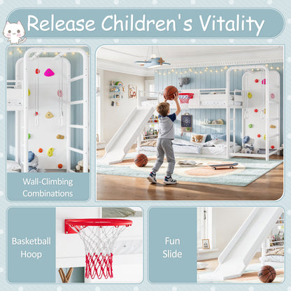 Twin size metal loft/bunk bed with basketball hoop, pull-up rings, climbing wall, and built-in bookshelves. Playful children's design featuring a slide,White.