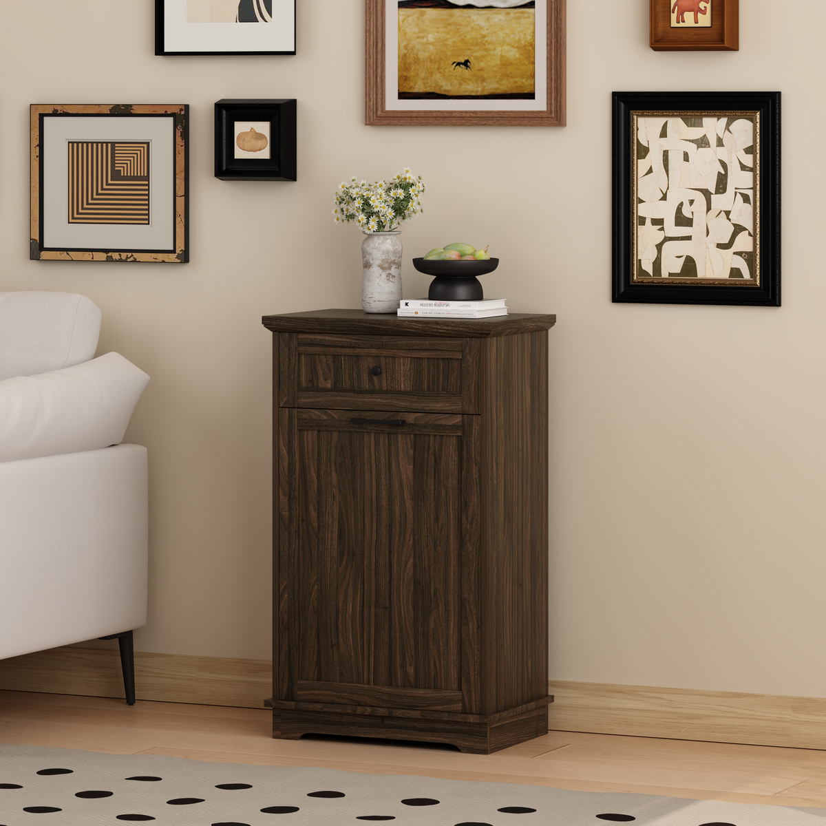 10 Gallon Tilt Out Trash Cabinet Freestanding Trash Bin Cabinet Wood Garbage Recycling Cabinet with Hideaway Drawer Pet Proof Trash Can Holder for Kitchen Living Room, Antique Brown (not include can)