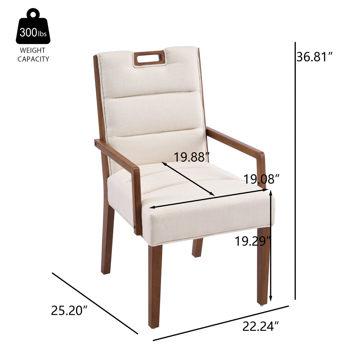 Upholstered Dining Chairs with Armrests, Beige Fabric & Walnut Rubber Wood Frame, Set of 2
