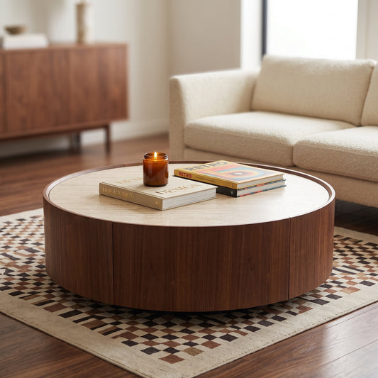 39.3 Round coffee table, with a sintered stone top featuring inlaid details and natural walnut veneer, incorporating storage space