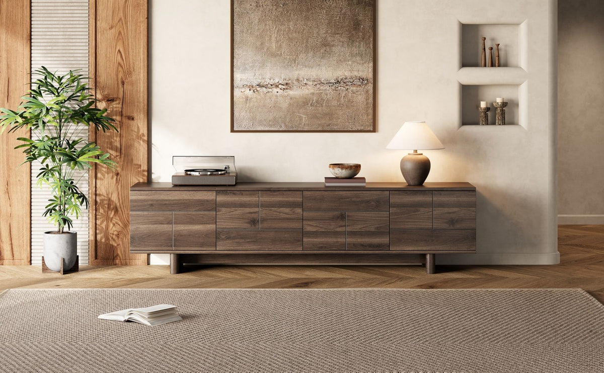 78 inch Modern TV Stand for TVs up to 85 inches, Entertainment Center with Solid Wood Legs, Cable Management, Push-Openers