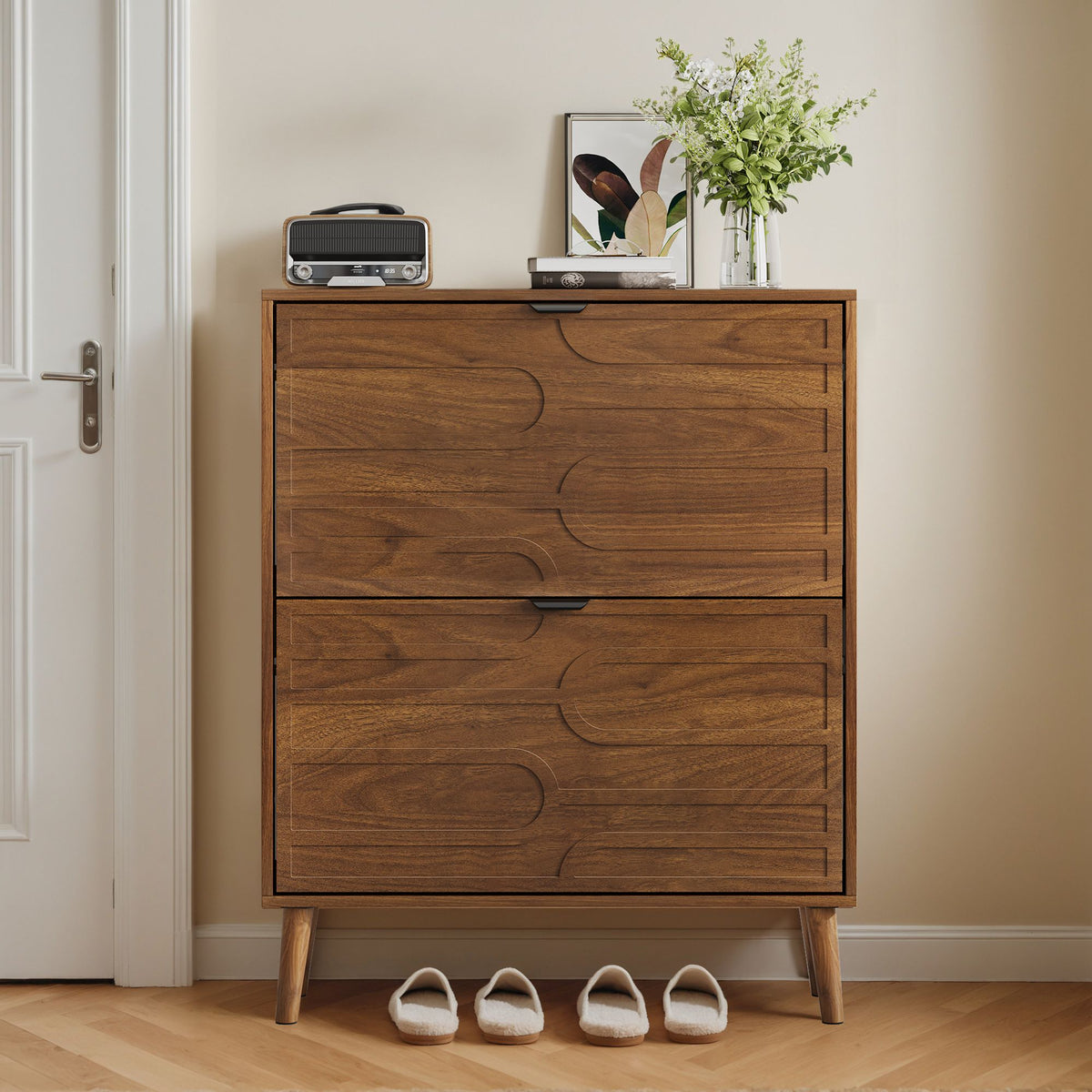 Medieval Modern Independent Shoe Cabinet with 2 Flip Drawers, Walnut MDF, 31.5-inch