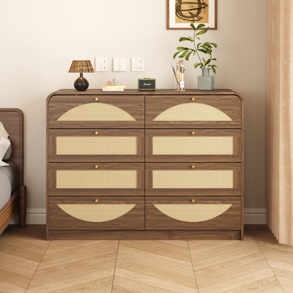 Walnut Finish 8‑Drawer Dresser with Rattan Front, Wide Particle Board Chest of Drawers, Modern Wooden Storage Cabinet for Bedroom Living Room