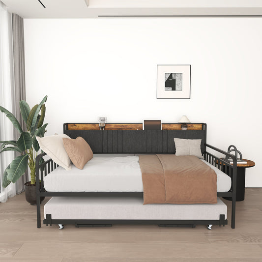 Daybed with Trundle, Sturdy Metal Twin Bed Frame with Upholstered Headboard and Charging Station for Living Room, Bedroom and Guest Room, Black