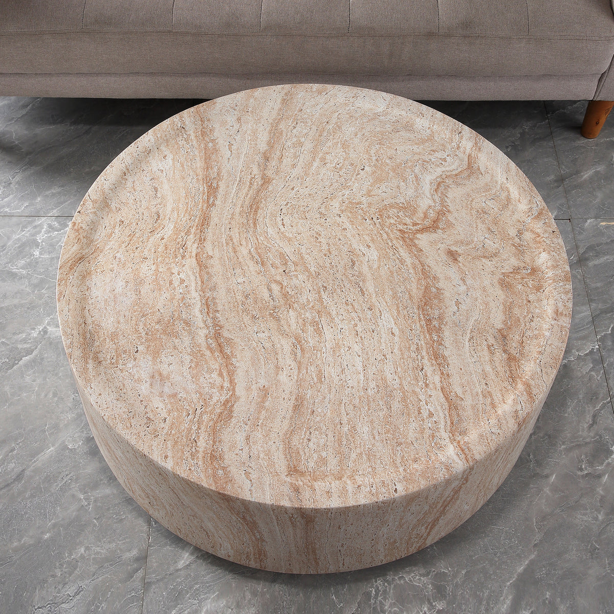Round Cylinder Coffee Table, MgO Faux Travertine Low Profile Accent Coffee Table, Indoor & Outdoor Decorative Center Table for Living Room Patio, Dia 31.89" x H 12.01"