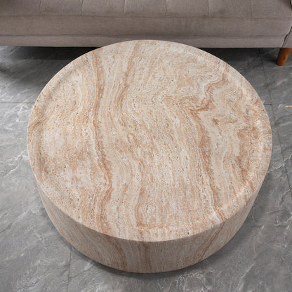 Round Cylinder Coffee Table, MgO Faux Travertine Low Profile Accent Coffee Table, Indoor & Outdoor Decorative Center Table for Living Room Patio, Dia 31.89" x H 12.01"