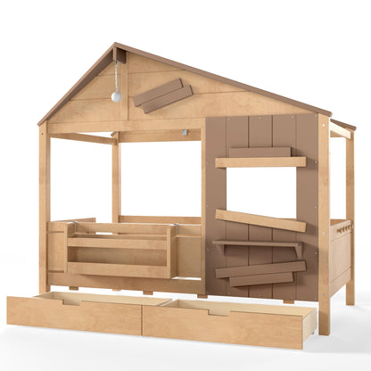 Twin Size Farmhouse Spliced House Bed with Window Shelf & Side Hooks, Playhouse Bed Frame with Underbed Storage Drawers and LED,Light Natural