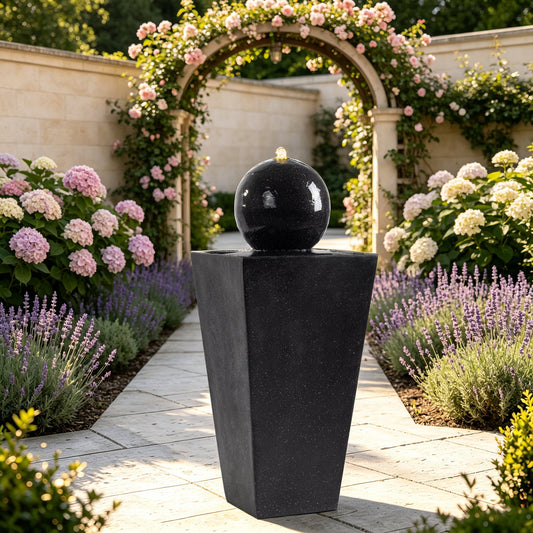 Floor‑Standing Water Fountain, Black Speckled Trapezoid Base Fountain with Smooth Sphere, Warm LED Light for Garden, Patio, Backyard Decor 14''×14''×34''