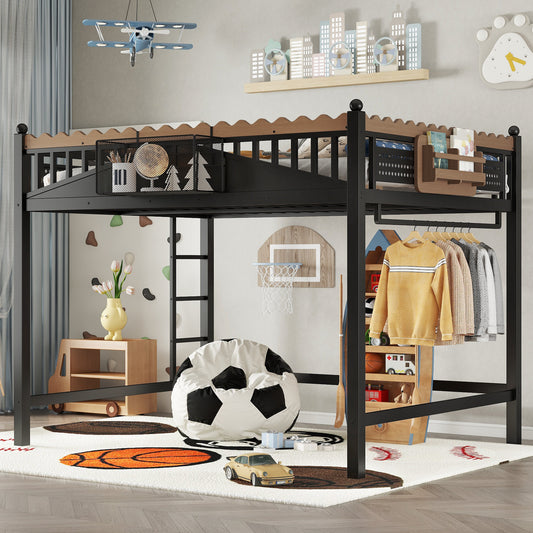 Queen Size Loft Bed with Ladders, Metal Loft Bed with Storage Shelves and bookshelf, No Box Spring Needed and Chic Design, Black