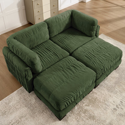 2 Seat Ruched Detailing Chenille Modular Sectional Sofa,Movable 2 Ottomans,High-Density Foam,L Shape Thickened  Back Cushions,Easy Assembly,For Living Room,Bedroom,Green