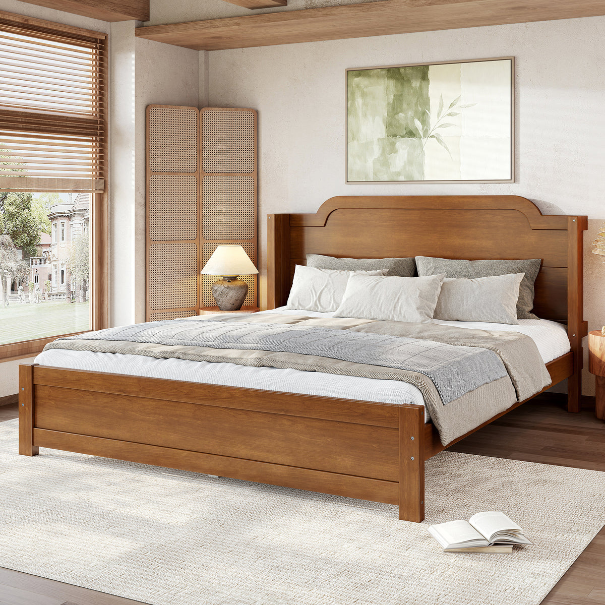 Queen Solid Wood Platform Bed with Headboard Brown Finish & Minimalist Design, Easy Assembly, No Box Spring Needed Traditional Wood Bed Frame.Brown