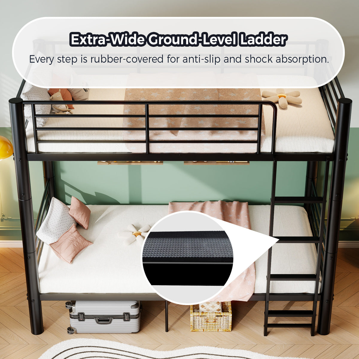 Metal Twin Over Twin Bunk Bed, Convertible into 2 Separate Twin Beds, 13.78" Full-Length Guardrails, Extra-Wide Ladder, Anti-Tip Brackets, Black Bunk Bed Frame for Kids, Teens & Adults
