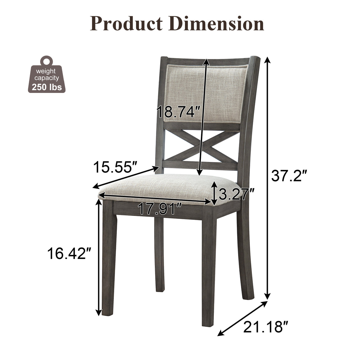 Upholstered Dining Chairs Set of 4, Farmhouse Style Chairs, 3.27" Thick Padded Foam Seat & Ergonomic High Cross Back, Sturdy Rubberwood Legs for Dining Room, Dark Gray + Beige Cushion