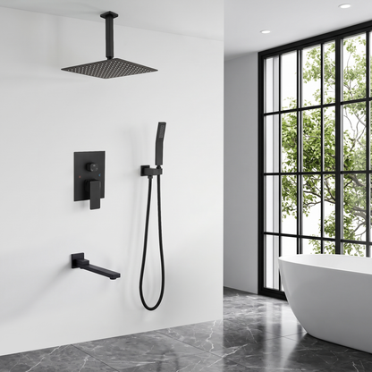 Shower System with Tub Spout,12 inch  Shower Head Shower Set for Bathroom Matte Black