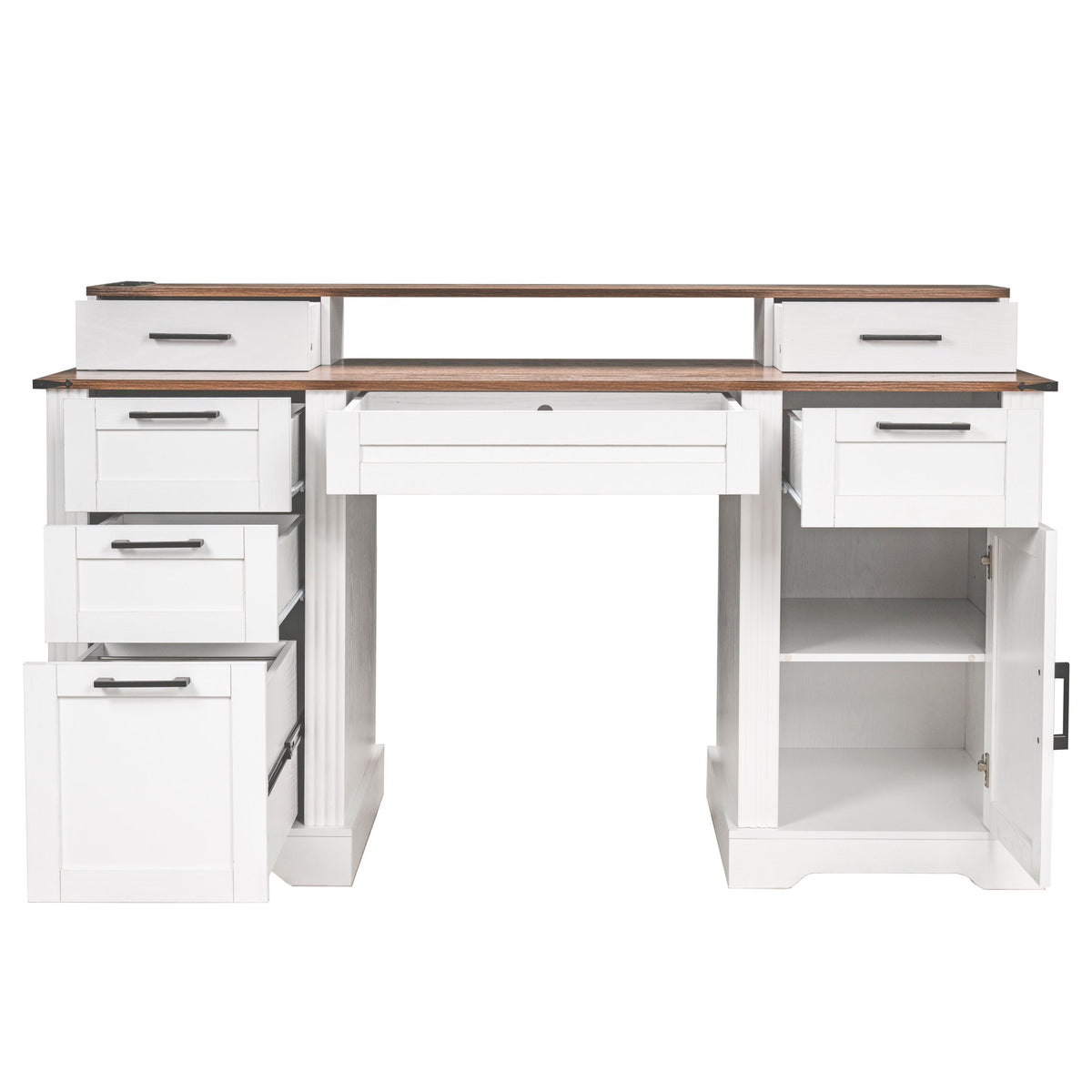 White Farmhouse Office Desk with Charging Station, Monitor Stand & Storage Cabinet, Barn Door Design, MDF, 59.5' L x 21' W x 35.8' H