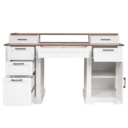 White Farmhouse Office Desk with Charging Station, Monitor Stand & Storage Cabinet, Barn Door Design, MDF, 59.5' L x 21' W x 35.8' H