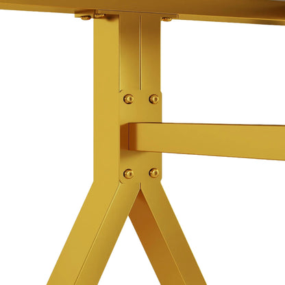 Rectangular dining table featuring a tempered glass tabletop with a marble-patterned design and golden metal legs, ideal for restaurant dining settings.
