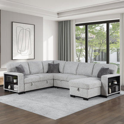 Giza Modular Sectional Sofa with Sleeper, Storage, USB Charging and Bouclé Upholstery in Gray
