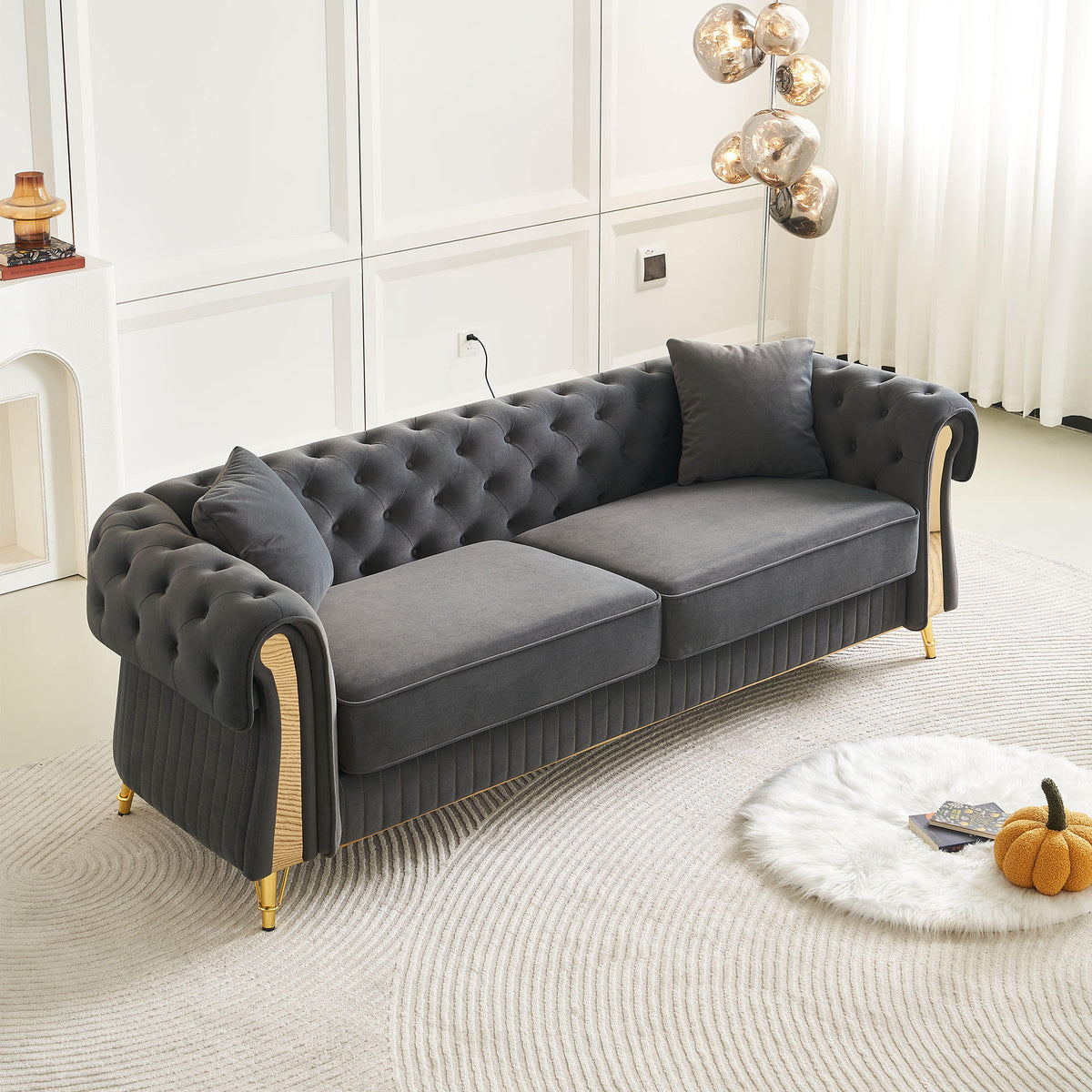 Chesterfield Modern Tufted Velvet Living Room Sofa, 84.25''W Couch,Dark Grey
