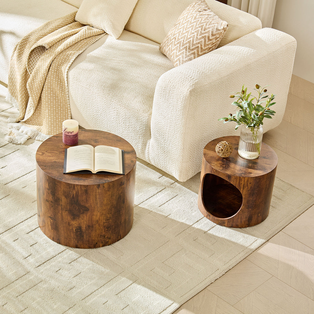 Cat Nest Nesting Stool Set Round Nesting Coffee Table Set of 2 for Living Room,No Assembly Dark Brown