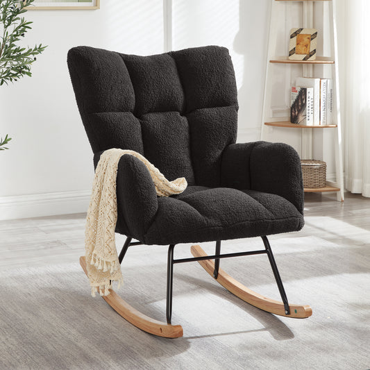 Glider Chair for Living Room Tufted Upholstered Teddy Fabric Rocking Chair with Metal Frame Accent Chair Dark Gray