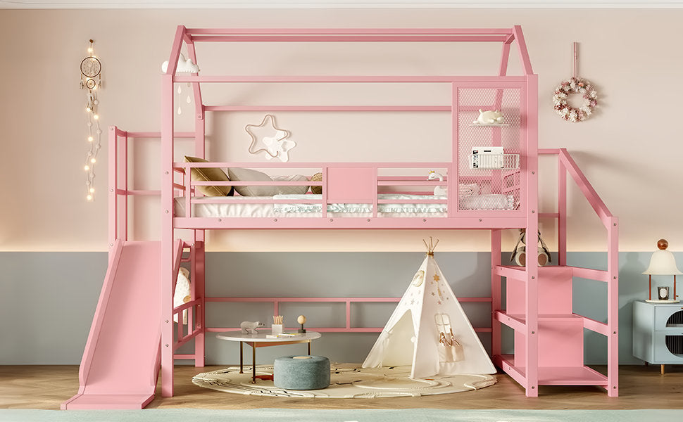 Full House Loft bed with Slide and Stairs, Metal Playhouse Bed with Storage Shelves, House-shaped Roof and Noise-free Design, Pink