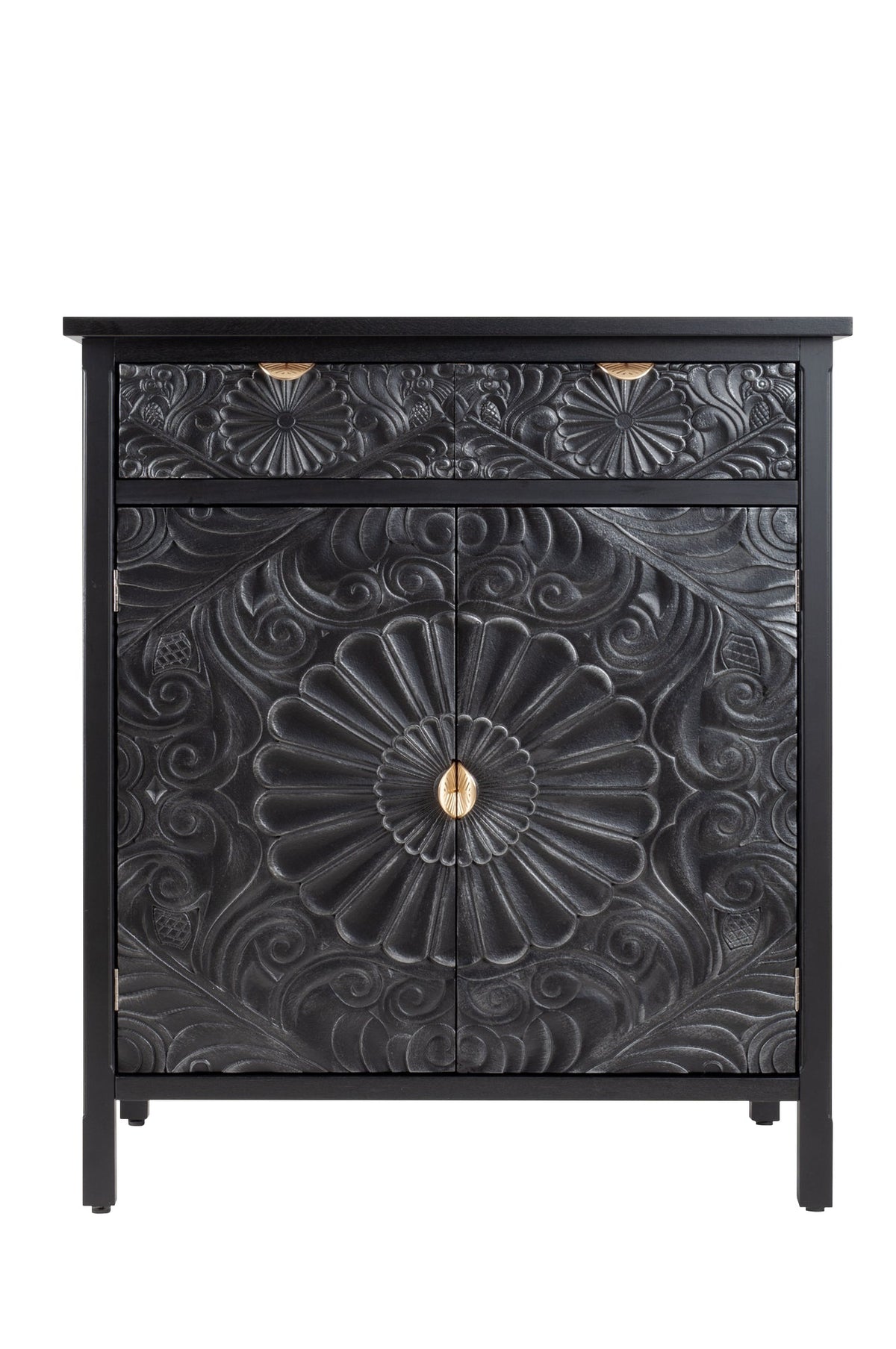 Hand-Carved Accent Cabinet, Black Wooden Storage Cabinet with Drawer & Doors, Floral Embossed Sideboard with Gold Handles for Entryway, Living Room, 14.97"x31.5"x36.82"